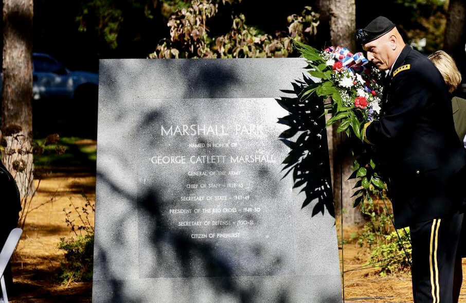 Gen. Raymond T. Odierno places a wreath near a monument honoring Gen. George C. Marshall in Pinehurst.